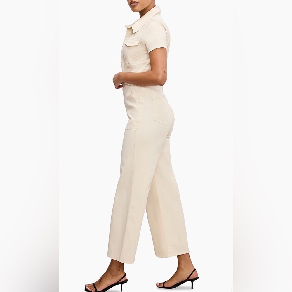 Good American Fit For Success Twill Palazzo Crop Jumpsuit in Ecru, Size: Large - Picture 2 of 14